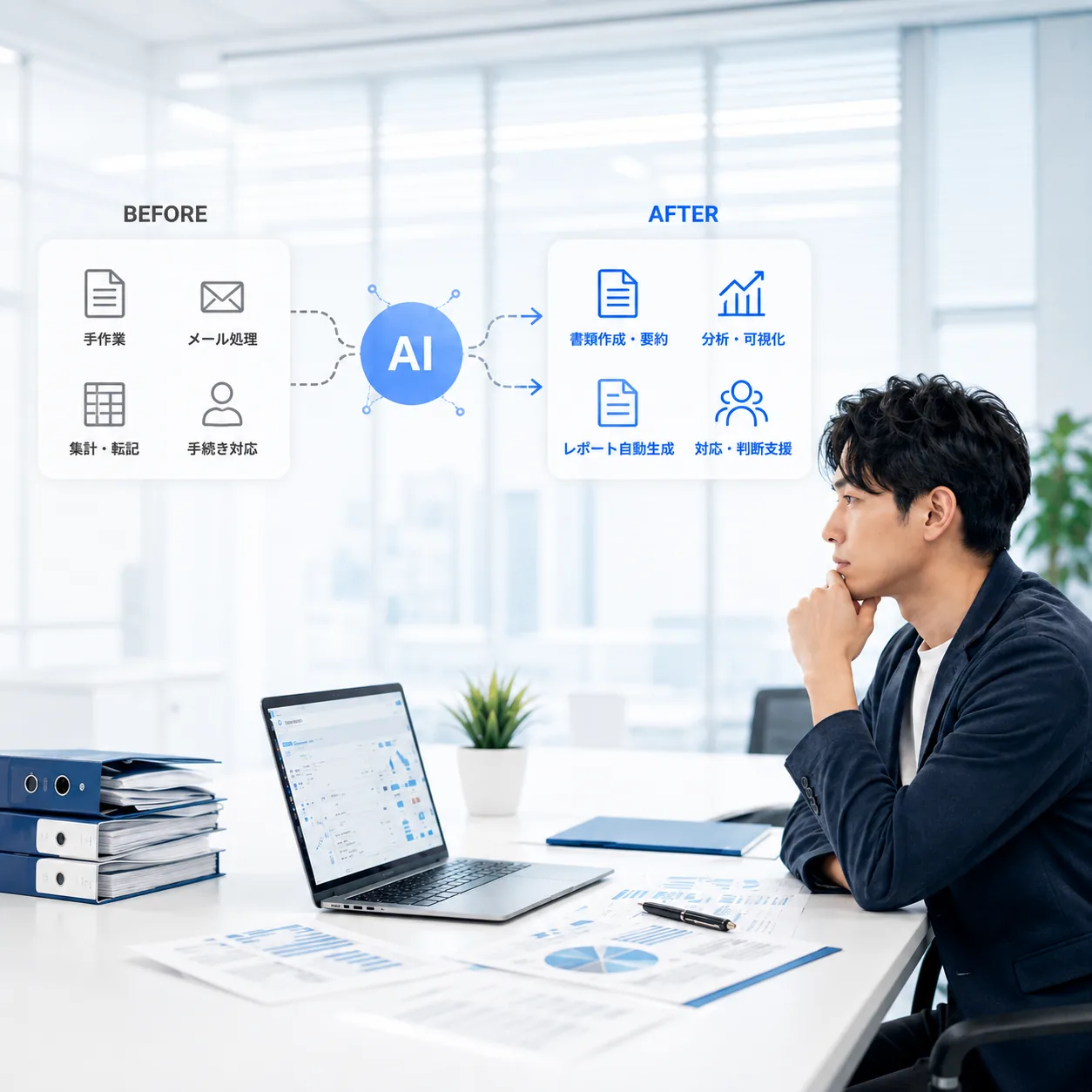 AI導入前後の比較図。BEFOREは手作業・メール処理・集計や転記・手続き対応。AFTERは書類作成や要約・分析や可視化・レポート自動生成・対応や判断支援。